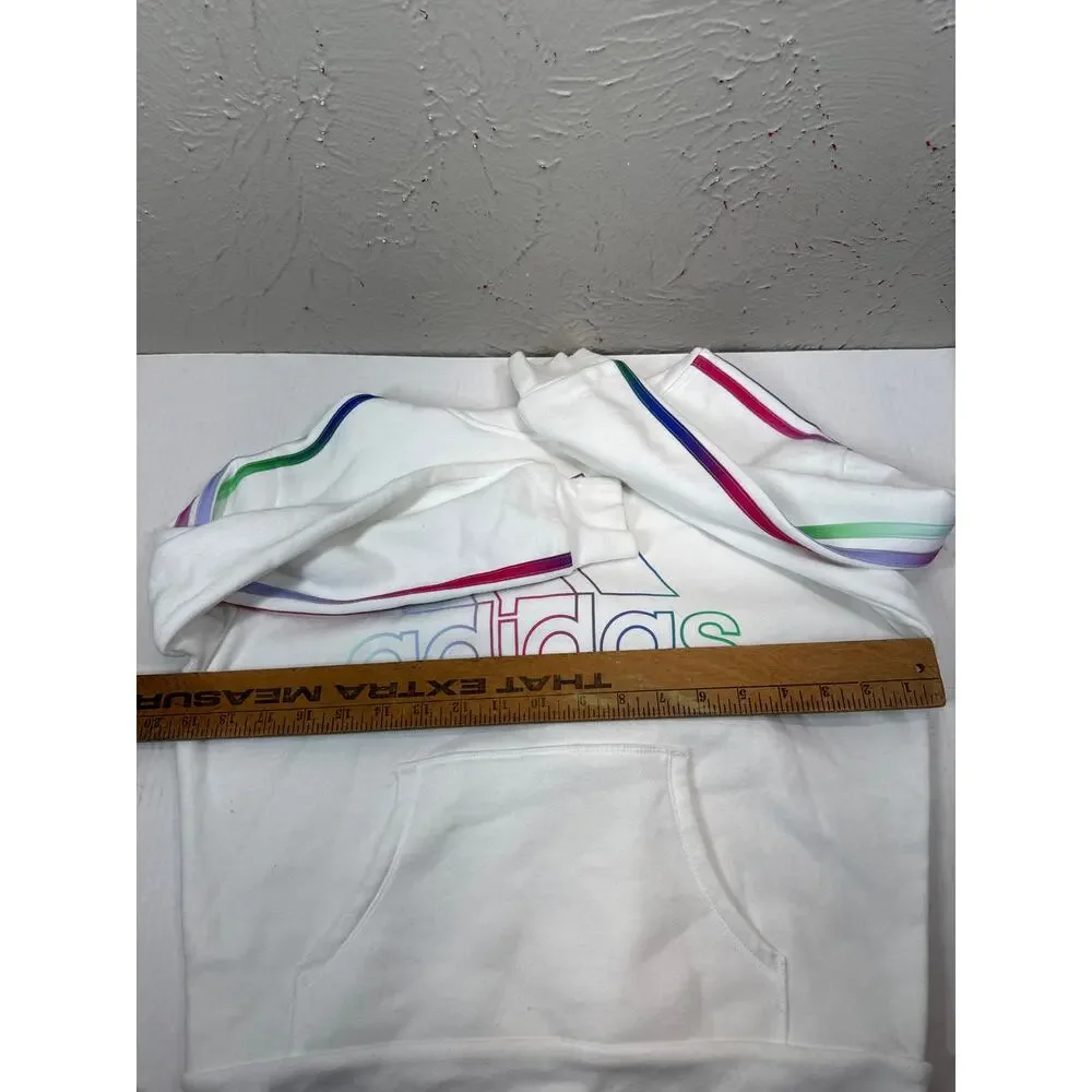 adidas Youth Hoodie White Pullover Rainbow Logo Stripe‎ Sweatshirt Size Large